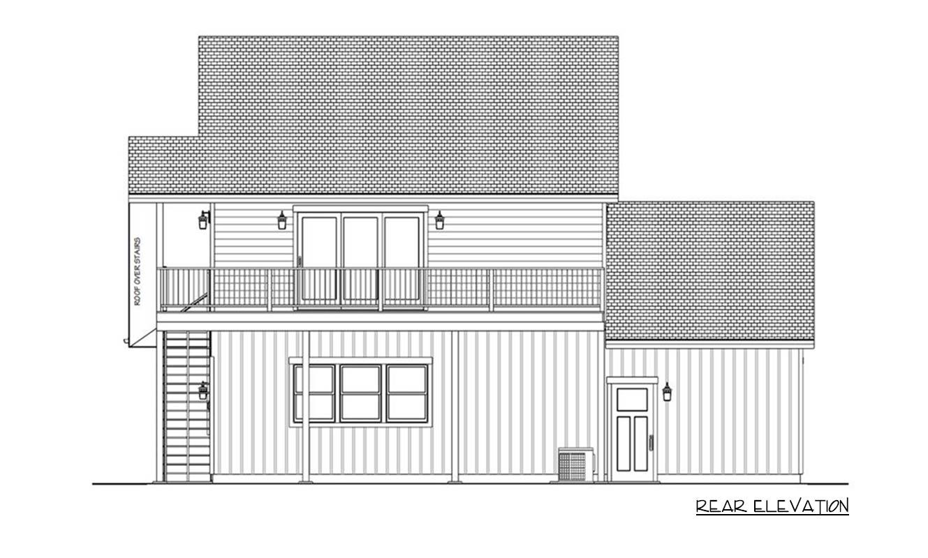 Rear elevation blueprint of a two-story house with a balcony. Features include a staircase, multiple windows, and a side entrance door.