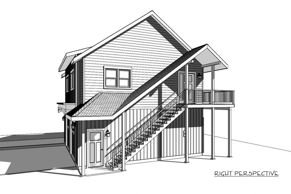 A two-story house illustration with an exterior staircase leading to a small balcony. Side and main roof lines are visible.