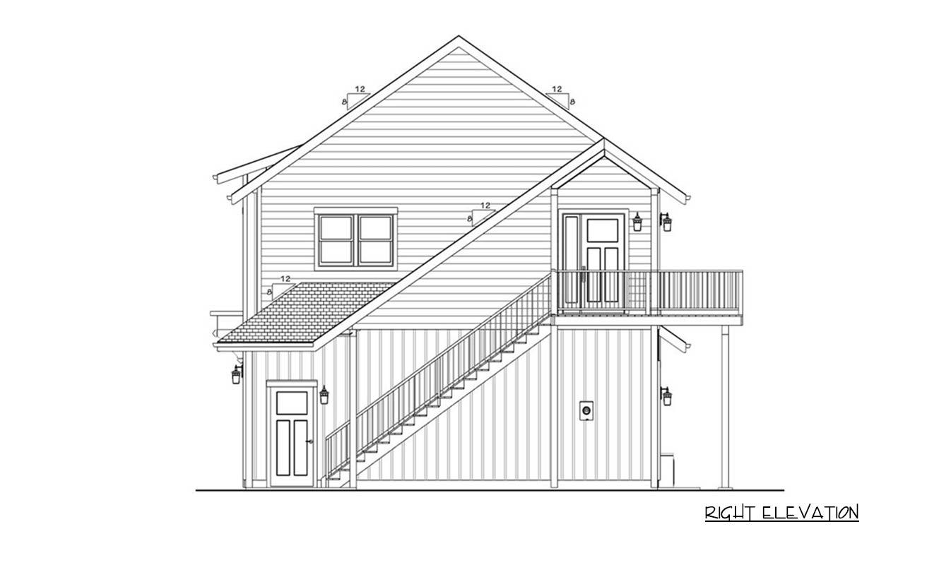 Architectural elevation drawing of a two-story house with a staircase, balcony, and gabled roof, right-side view in black and white.