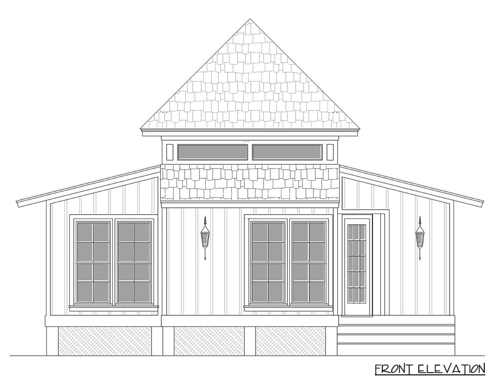 Front elevation house plan with a prominent central gabled roof, shingled upper section, and two windows flanking the entry door.