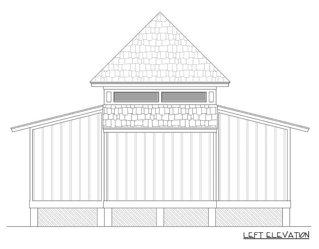 Left elevation house plan showing a gable roof, shed dormer with windows, shingle siding, and vertical siding.