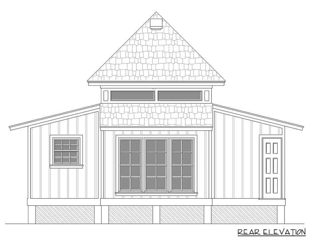 Rear elevation drawing of a house plan featuring a steeply pitched roof, multiple windows, and a door.