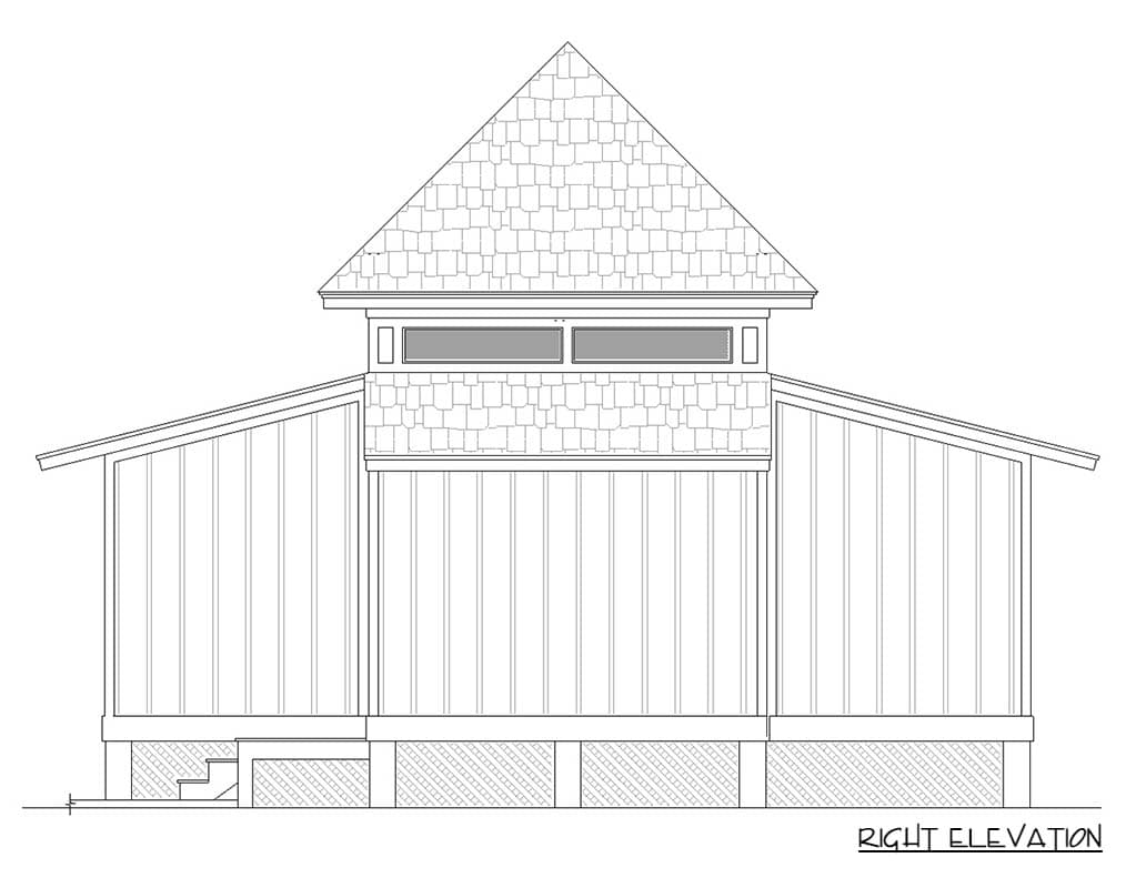 Right elevation drawing of a house plan featuring a prominent gable roof, shingled upper section, and vertical siding.