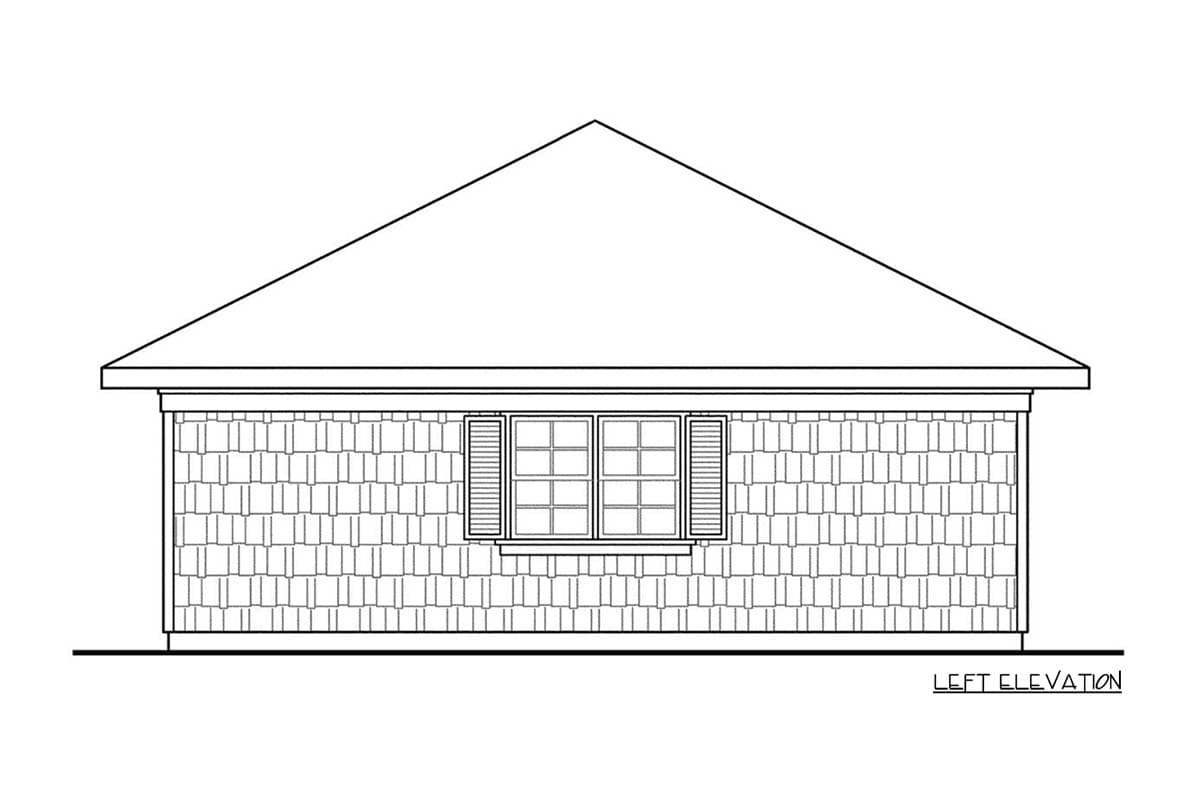 Left elevation drawing of a house plan showing shake siding, a gable roof, and a double-hung window with shutters.