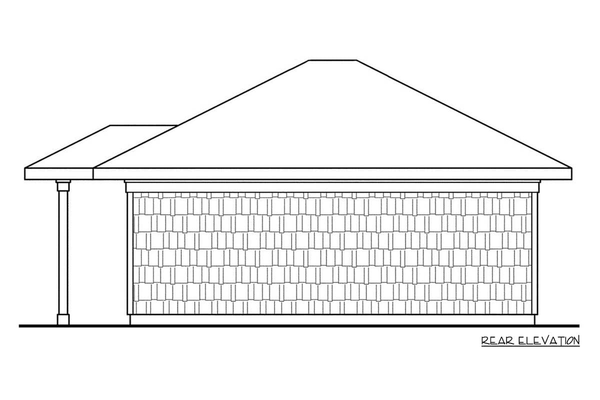 House plan rear elevation drawing showing a single-story structure with a gable roof and shingle siding.
