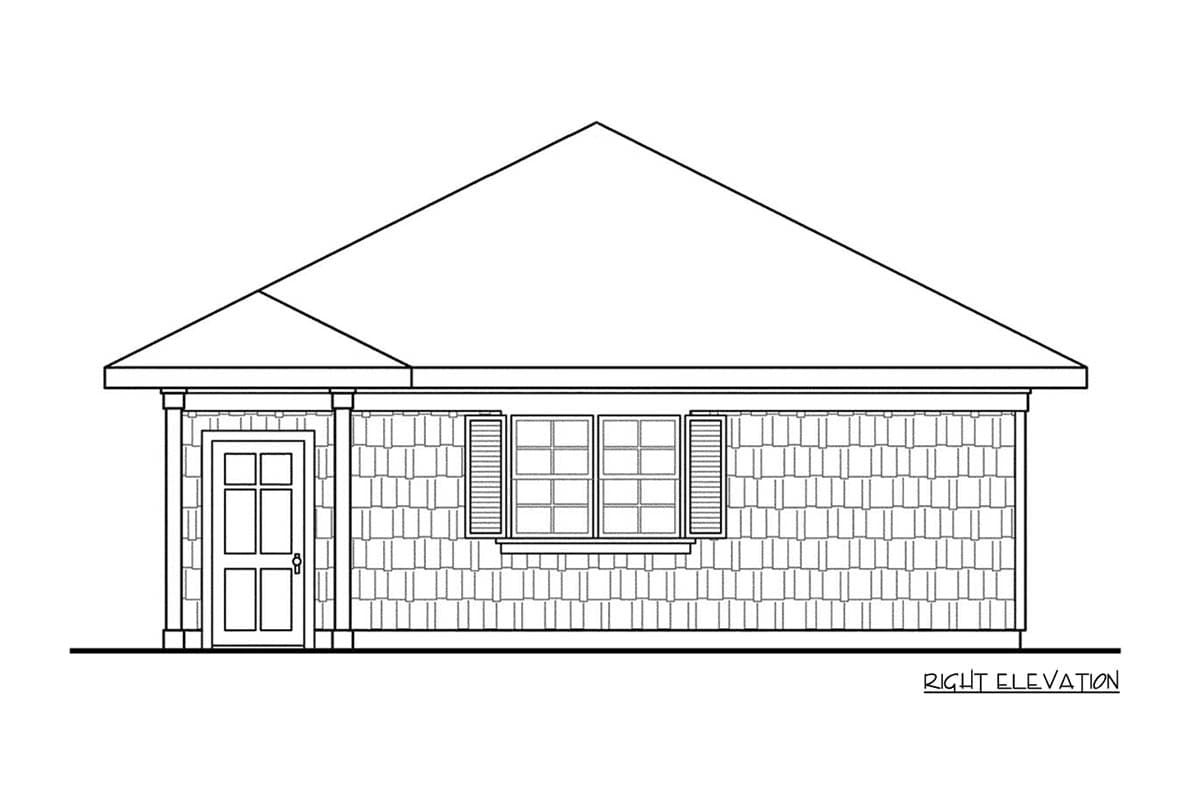 Right elevation of a house plan showing a single-story structure with shingle siding, a prominent gable roof, and a four-panel door.