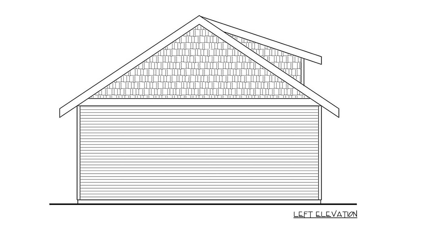 Left elevation drawing of a house plan showing a gabled roof with shingle detail above horizontal siding.