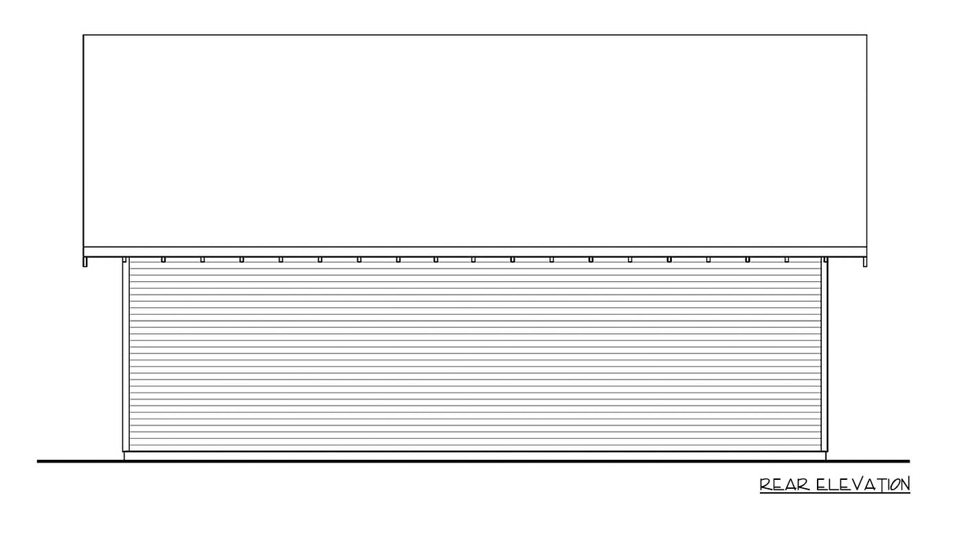 Rear elevation drawing of a house plan showing siding and roofline.