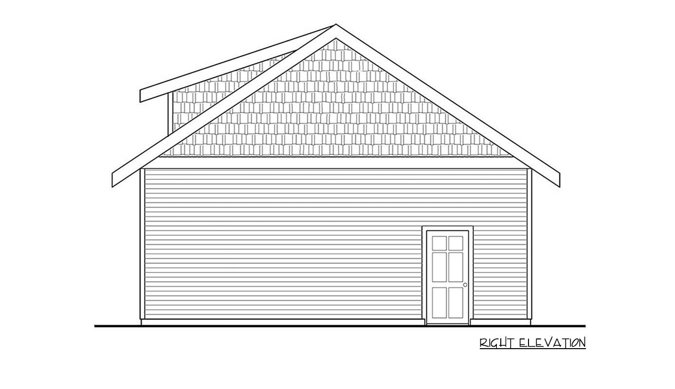 Right elevation of a house plan showing horizontal siding, a pediment gable with shingle detail, and a paneled door.