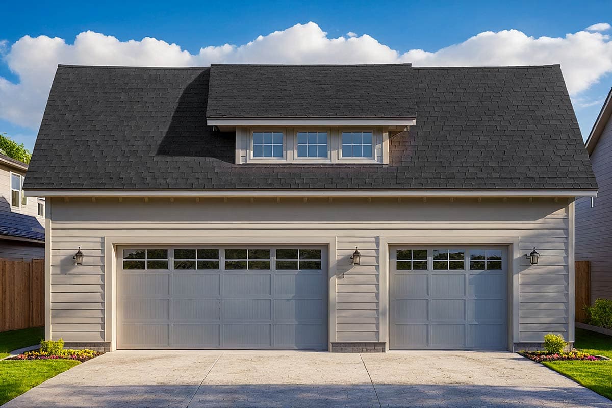 House plan exterior. Two-car garage with gabled roof, dormer with three windows, and traditional garage door style.