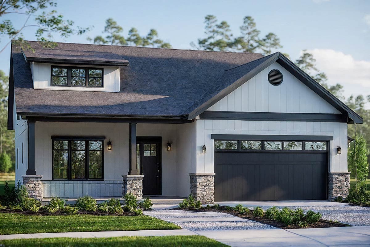 Modern Farmhouse house plan exterior with a gabled roof, stone-clad porch supports, and a garage door with a transom window.