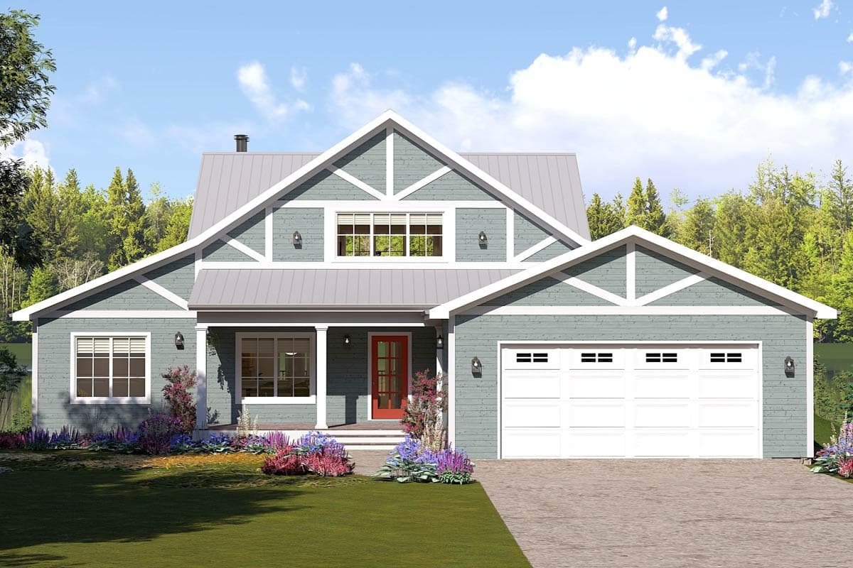 House plan exterior: Modern Farmhouse style with gable roof, porch, and attached two-car garage.