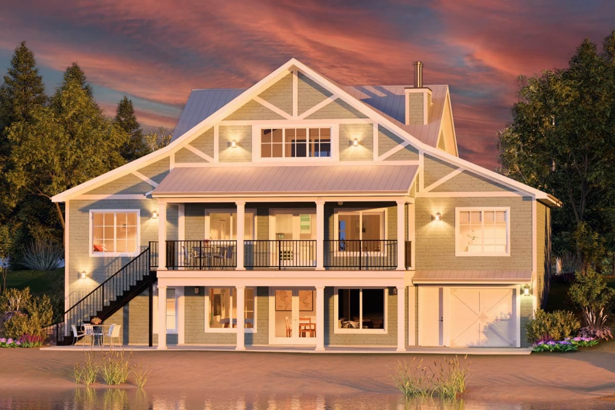 Modern Farmhouse house plan exterior with two stories, wraparound porch, multiple gables, and side-entry garage.
