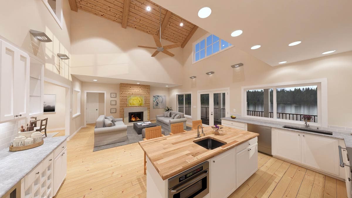 Open concept living area with vaulted wood ceiling, fireplace, kitchen island, and large windows overlooking a lake.