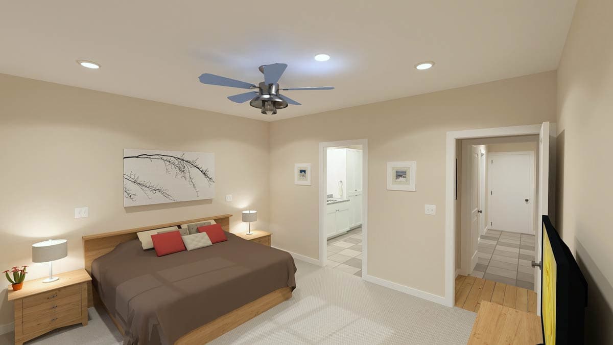Bedroom rendering with king bed, bedside tables, and view into kitchen and hallway. Ceiling fan.