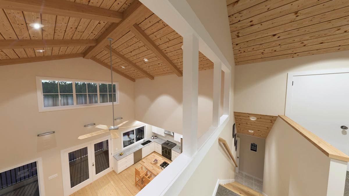 Interior rendering of a house with vaulted wood-paneled ceilings, open great room with large windows, and a view of the kitchen and staircase.