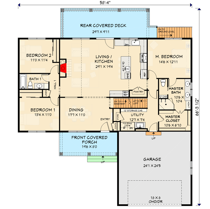 Plan 28951JJ: Modern Farmhouse-Style Lake House Plan with Loft and Walkout Basement - 2000 Sq Ft - Floor Plan - Main Level - Craftsman, Modern Farmhouse, New American, Traditional