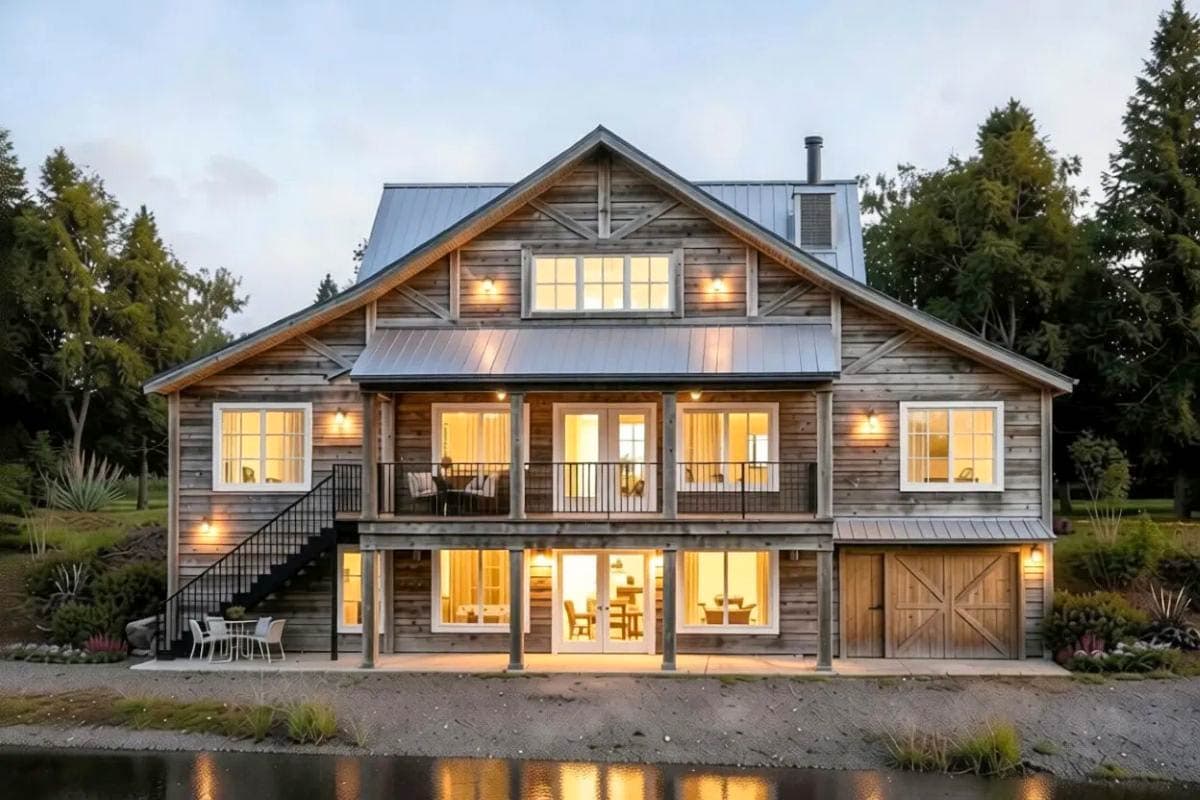 Modern farmhouse house plan exterior with wood siding, metal roof, second-story balcony, and garage.