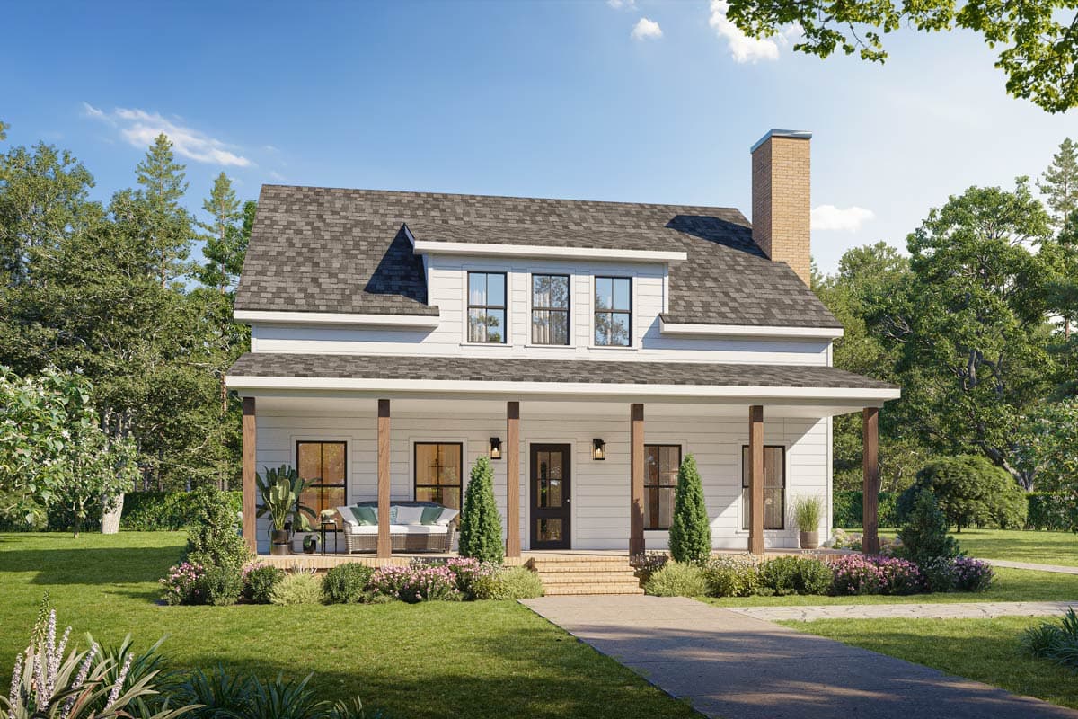 House plan exterior: two-story Modern Farmhouse with prominent gabled dormer, full-width covered porch, and brick chimney.