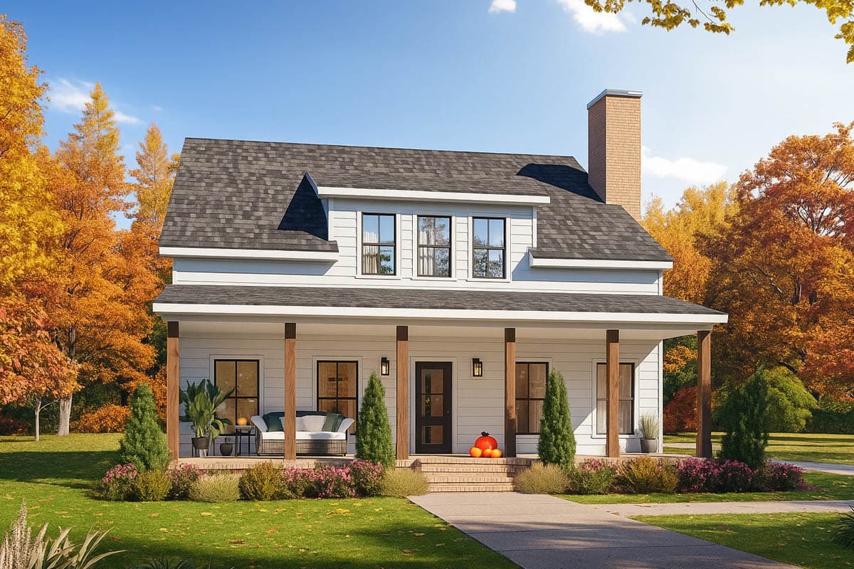 House plan exterior. Two-story Modern Farmhouse with a front porch supported by columns. Features include a gabled roof and a brick chimney.