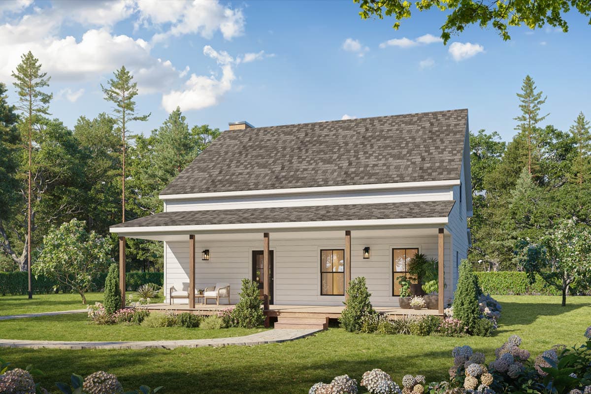 House plan exterior: Modern Farmhouse style, two stories, with a wide covered front porch and simple gabled rooflines.