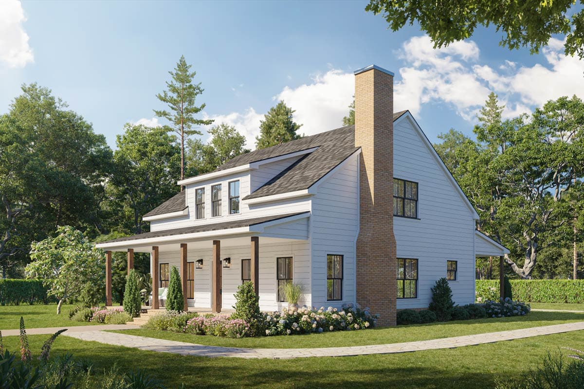 Modern Farmhouse exterior, two stories, wrap-around porch, prominent brick chimney, gabled roof.
