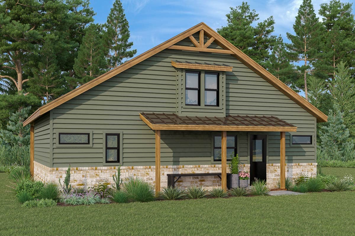 Modern Farmhouse house plan exterior with horizontal siding, stone base, gable with wood truss detail, and covered entry porch.