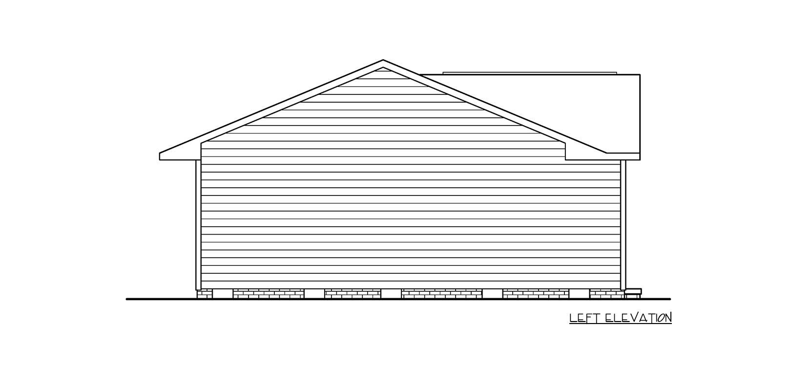 Left elevation drawing of a house with horizontal siding, a gable roof, and a foundation.