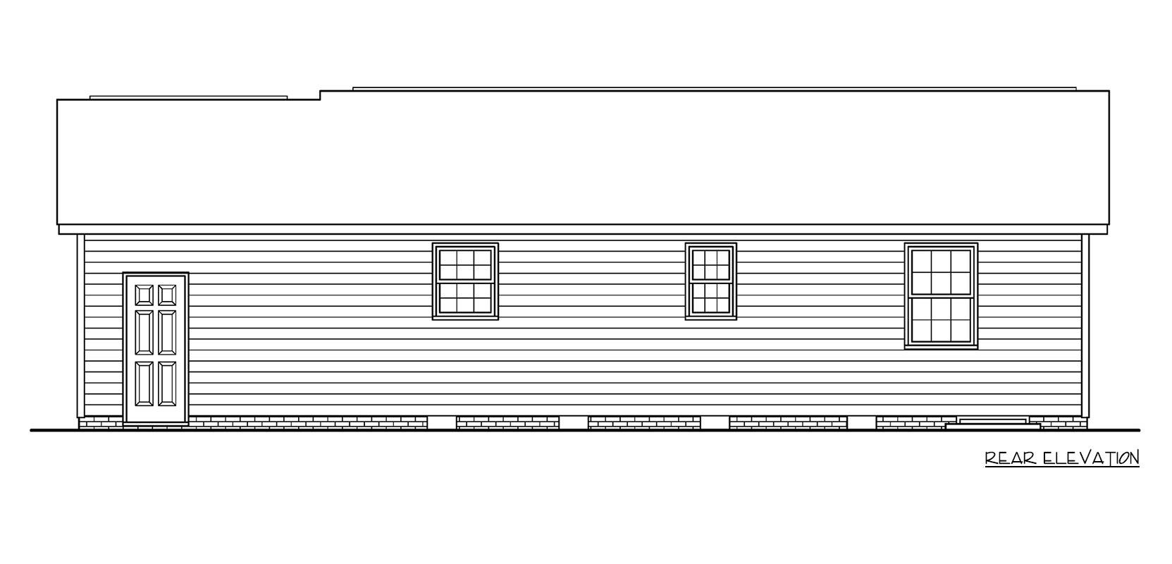 Rear elevation drawing of a house with horizontal siding, one door, and three windows.