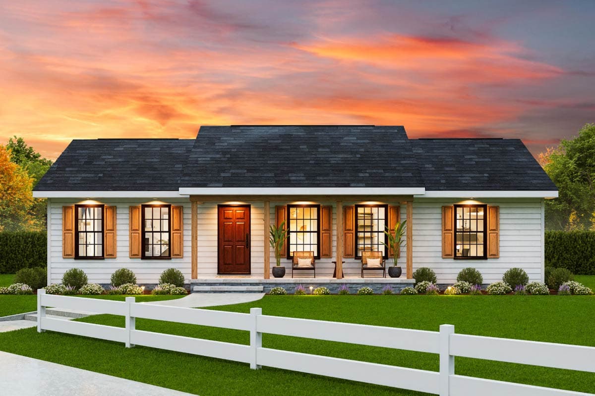 House plan exterior. Ranch style with a single story, front porch with columns, and a gable roof. Includes shutters on the windows.
