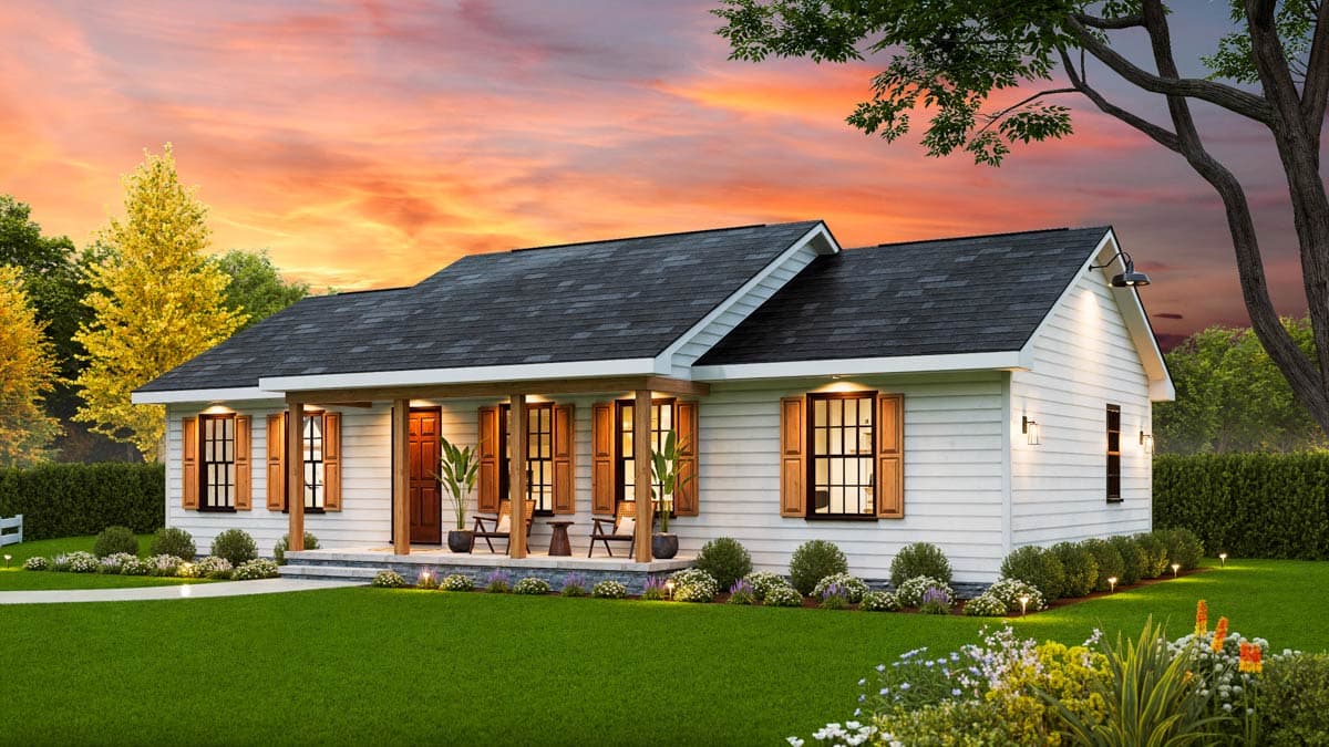 Ranch house plan exterior with a covered front porch, white siding, dark shingles, and wood shutters.