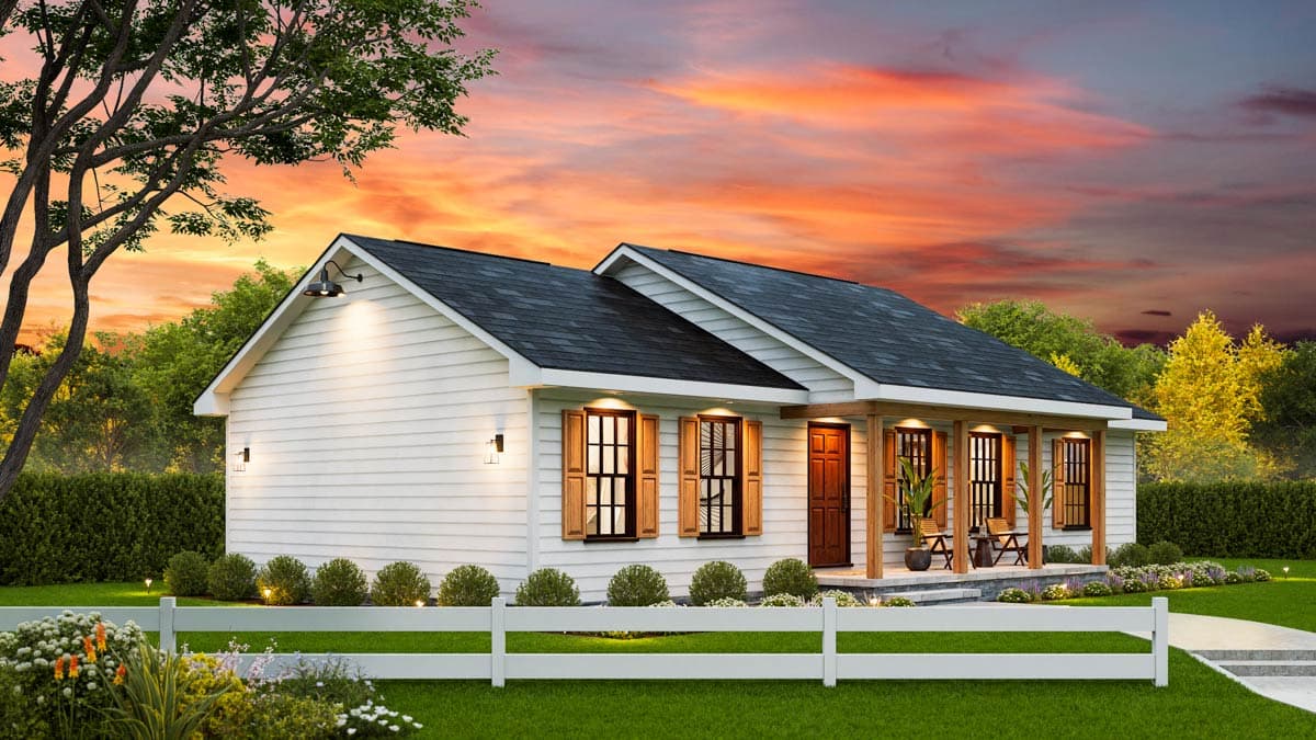 House plan exterior: single-story modern farmhouse with gable roof, front porch with wood columns, and louvered shutters.