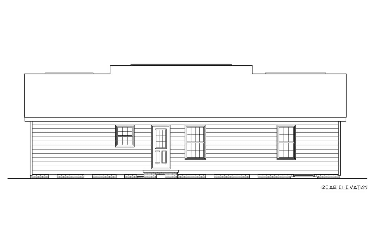 Rear elevation house plan: horizontal siding, central door, three windows, and stepped roofline.
