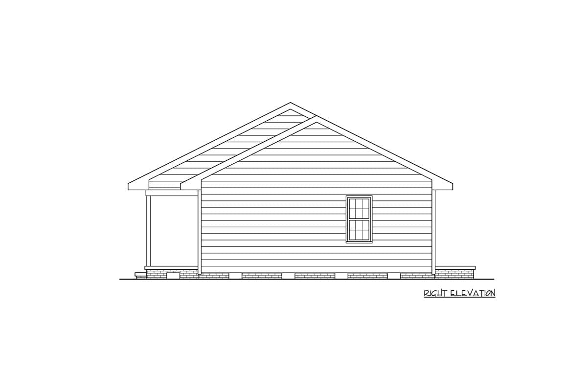 Right elevation house plan drawing showing a single-story home with a gable roof, porch, and one window.