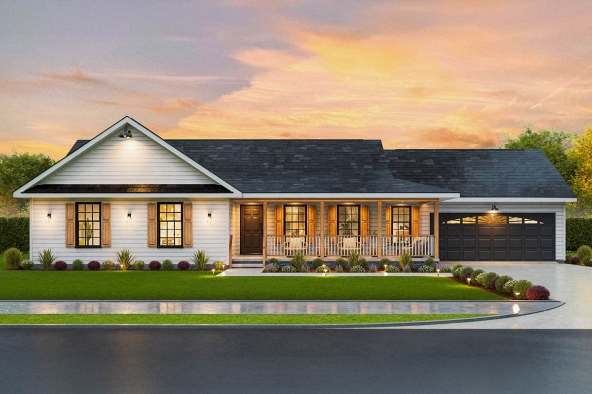 House plan exterior. Ranch style with a front porch, gabled roof, and attached garage. Features include wood shutters and a dark shingled roof.