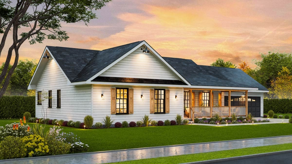 House plan exterior: Ranch style, single-story with a covered front porch, gabled roof, and attached garage.