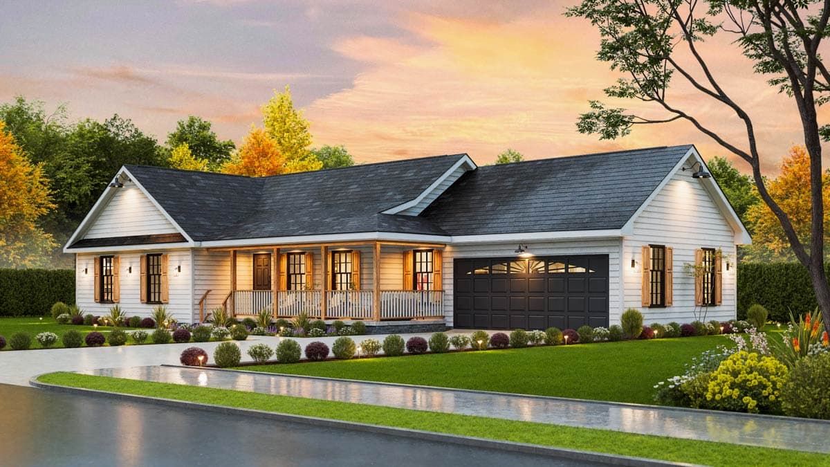 Modern Farmhouse house plan exterior with covered front porch, gable dormers, and attached two-car garage.