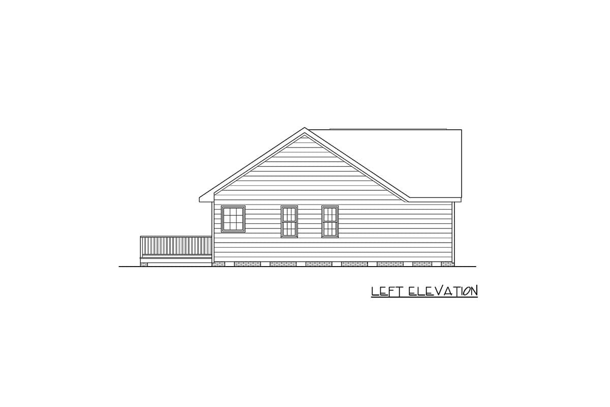 Left elevation house plan drawing showing a single-story home with horizontal siding, a gable roof, and a deck.