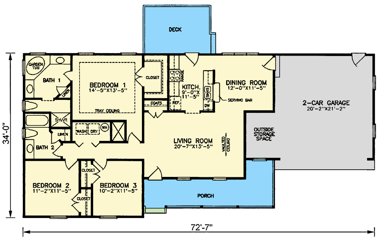 Plan 25895GE: Charming One-Story Farmhouse with Spacious Porch and Open Layout - Floor Plan - Main Level - Ranch, Traditional
