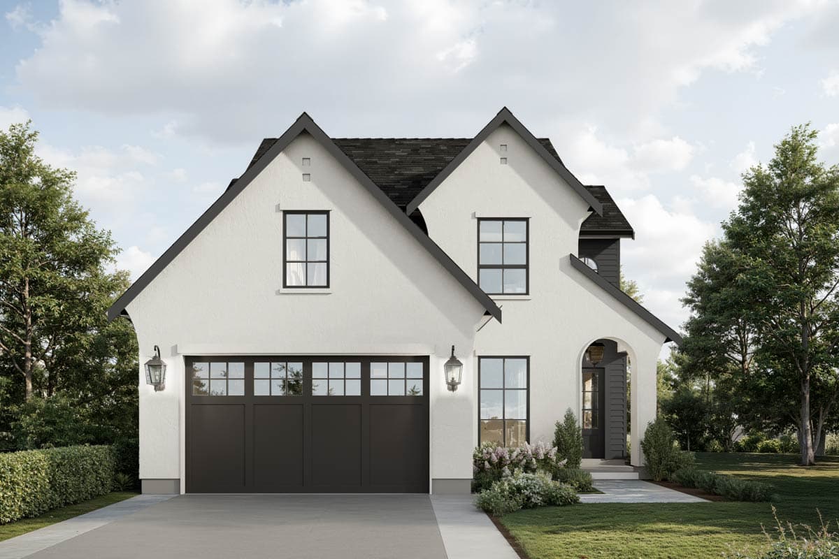 Modern Farmhouse house plan exterior with a stucco finish, gabled roof, double garage door, and arched entryway.