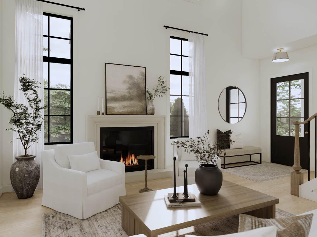 Interior rendering of a great room with a fireplace, large windows, vaulted ceiling, and entry.