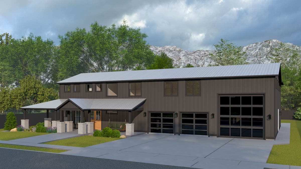 Modern house plan exterior with two stories, a metal roof, three garage doors, and a covered front entry with stone pillars.