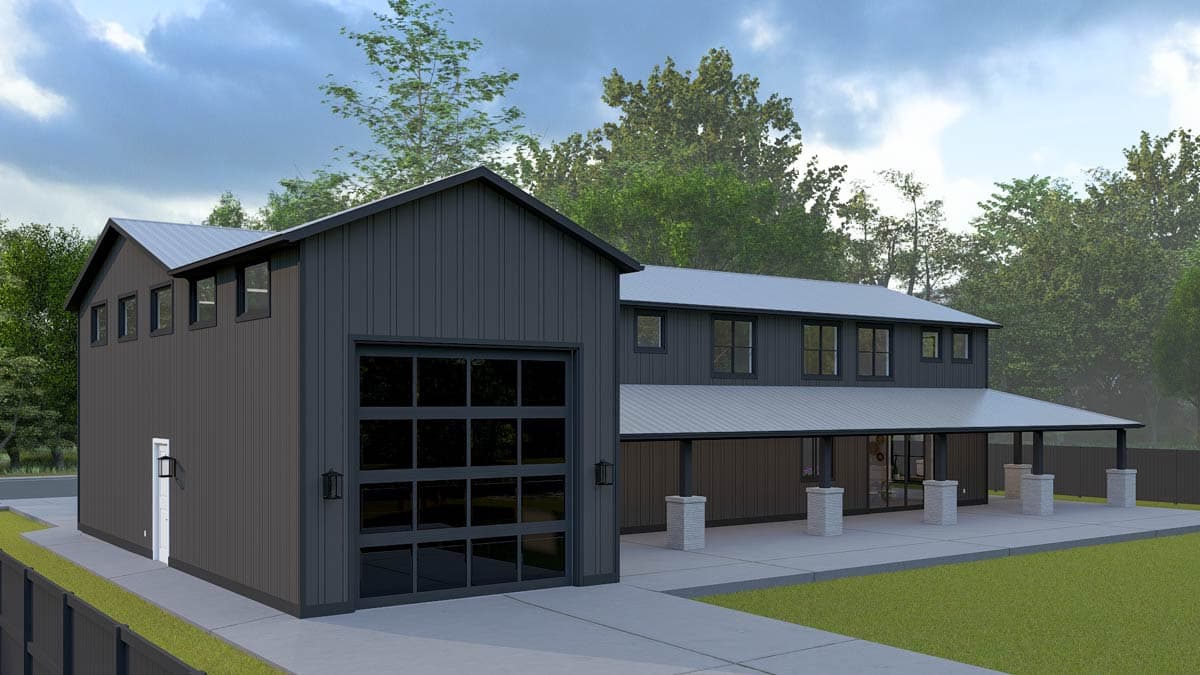 Modern farmhouse exterior with dark vertical siding, metal roof, large garage door, and covered porch with stone pillar supports.