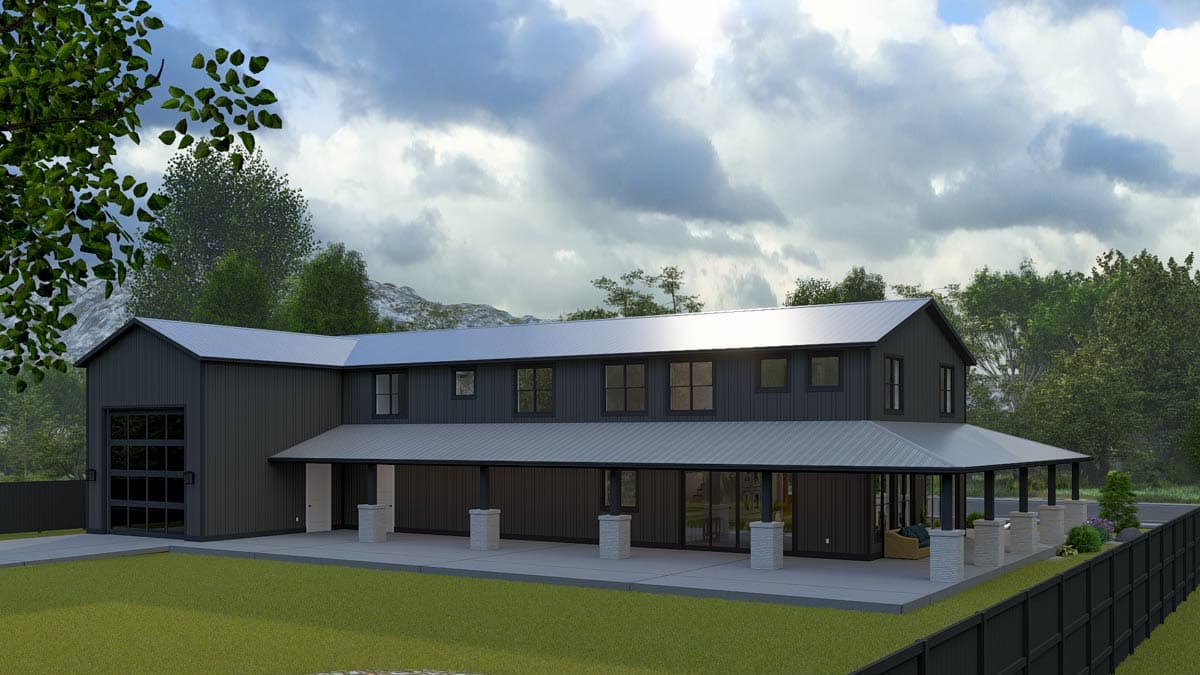Two-story modern farmhouse exterior with a metal roof, wrap-around porch, and a large garage door.