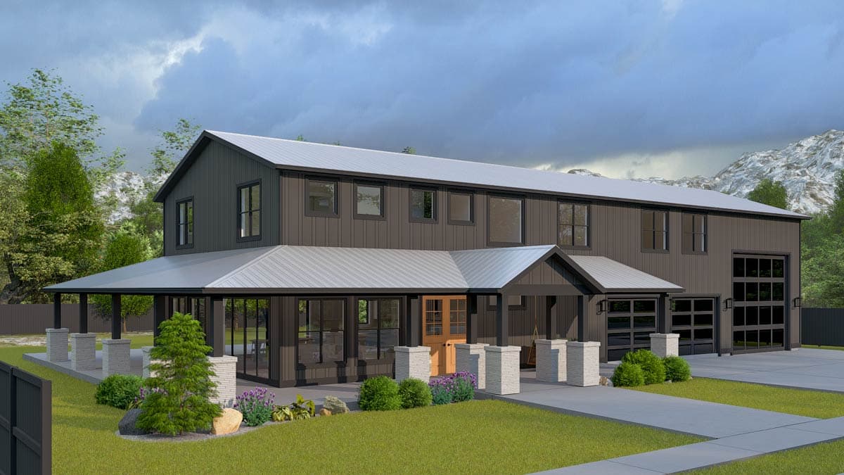 Modern two-story house plan exterior with a wraparound porch, metal roof, and a three-car garage.