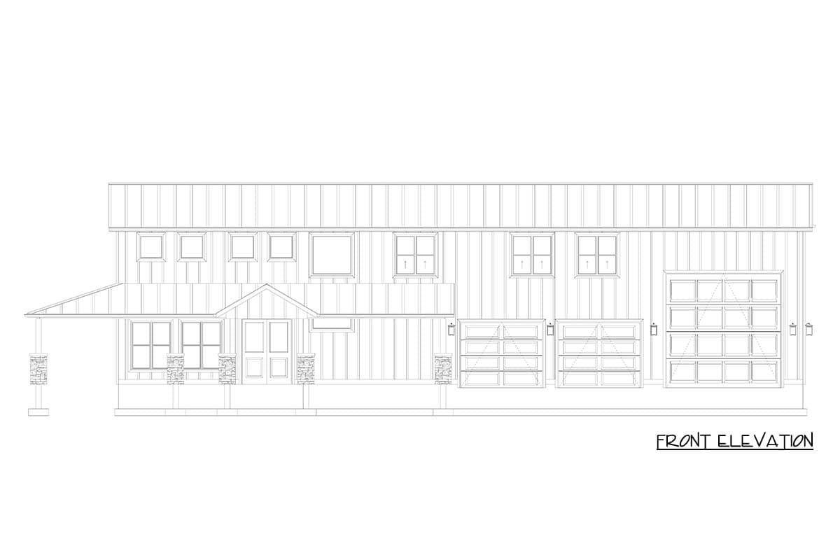 Front elevation of a two-story house plan with a covered porch, stone accents, and three garage doors.