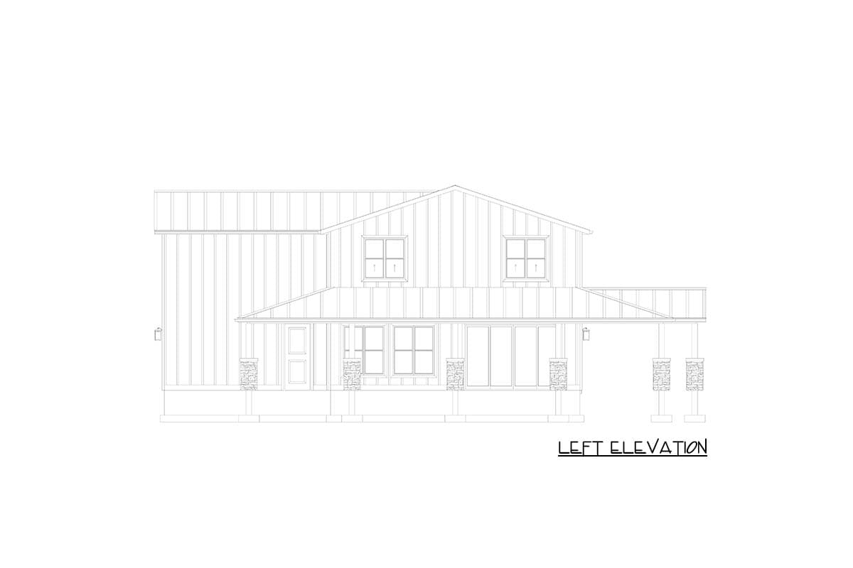 Left elevation drawing of a two-story house with gabled roof, front porch, and stone-clad columns.