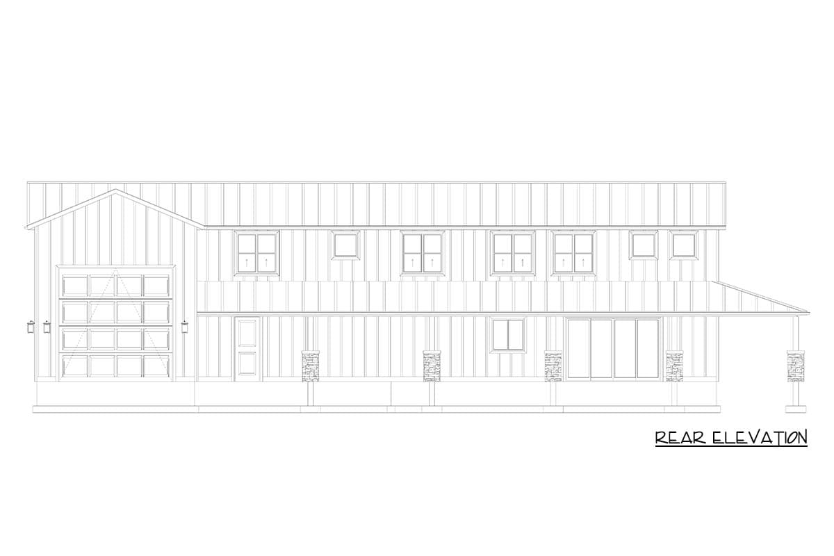 Rear elevation house plan drawing showing a two-story home with a metal roof, garage door, windows, and covered porch.