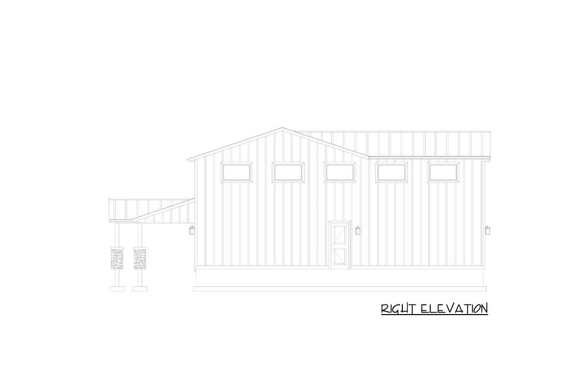 Right elevation drawing of a house plan with a shed roof, multiple windows, and a deck supported by stone columns.