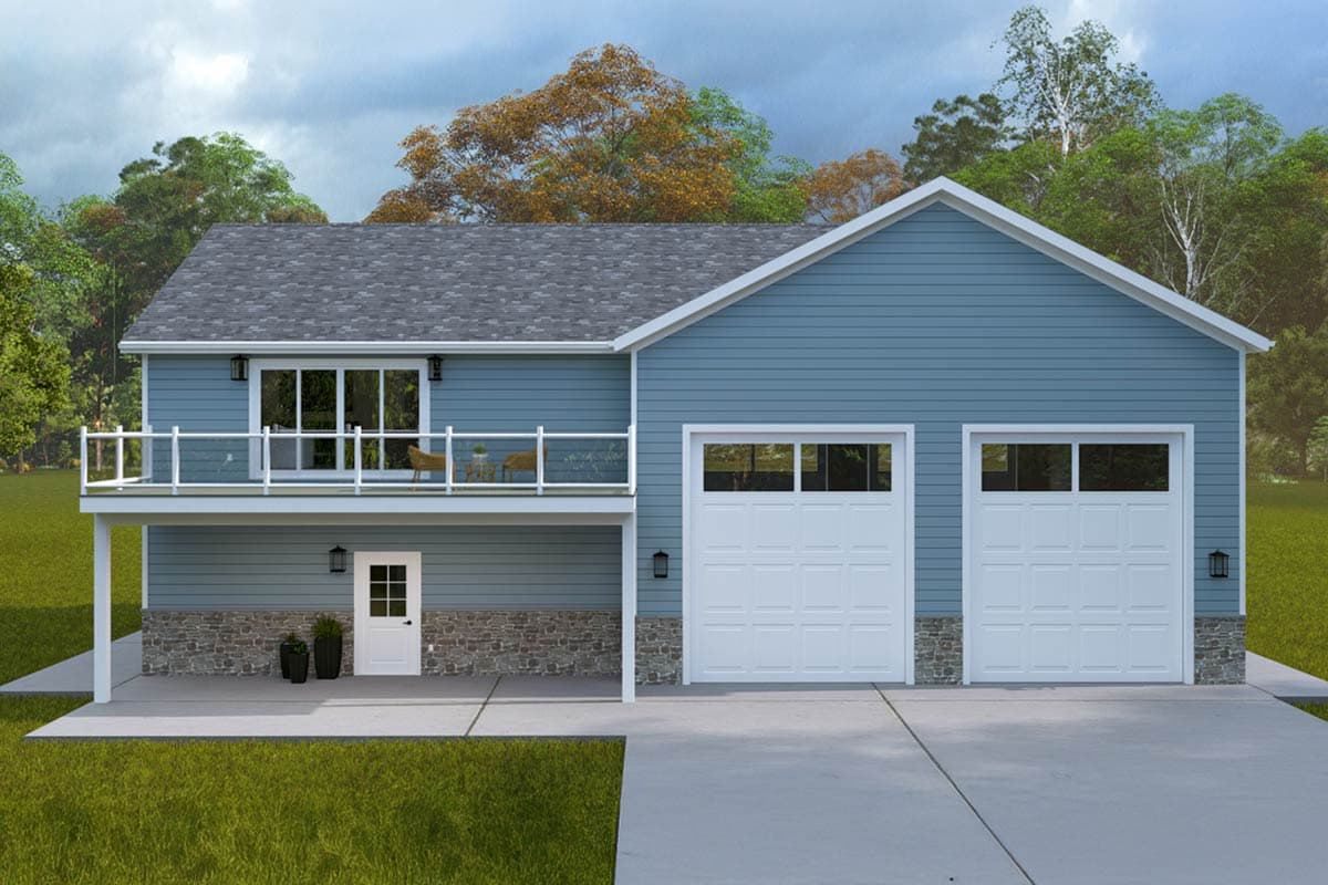 House plan exterior: Two-story Modern Farmhouse with a side-entry double garage, upper deck, and stone accent base.